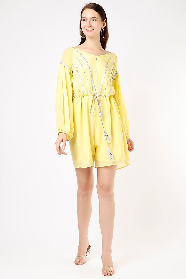 Yellow Crepe Embroidered Playsuit by Julie By Julie Shah
