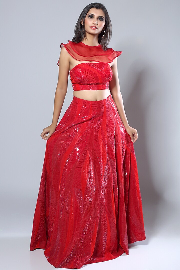 Red Crepe & Organza Embroidered Skirt Set by Julie By Julie Shah