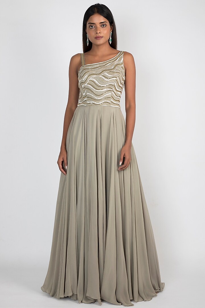 Pale Olive Green Embroidered Gown Design by Julie by Julie Shah at ...