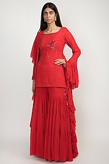 Cardinal Red Embroidered Sharara Set Design by Julie by Julie Shah at ...