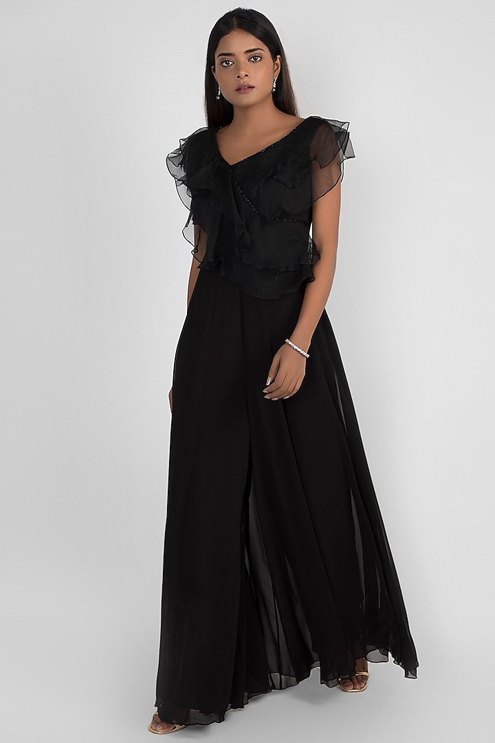 Black Embroidered Ruffled Jumpsuit Design by Julie by Julie Shah at ...
