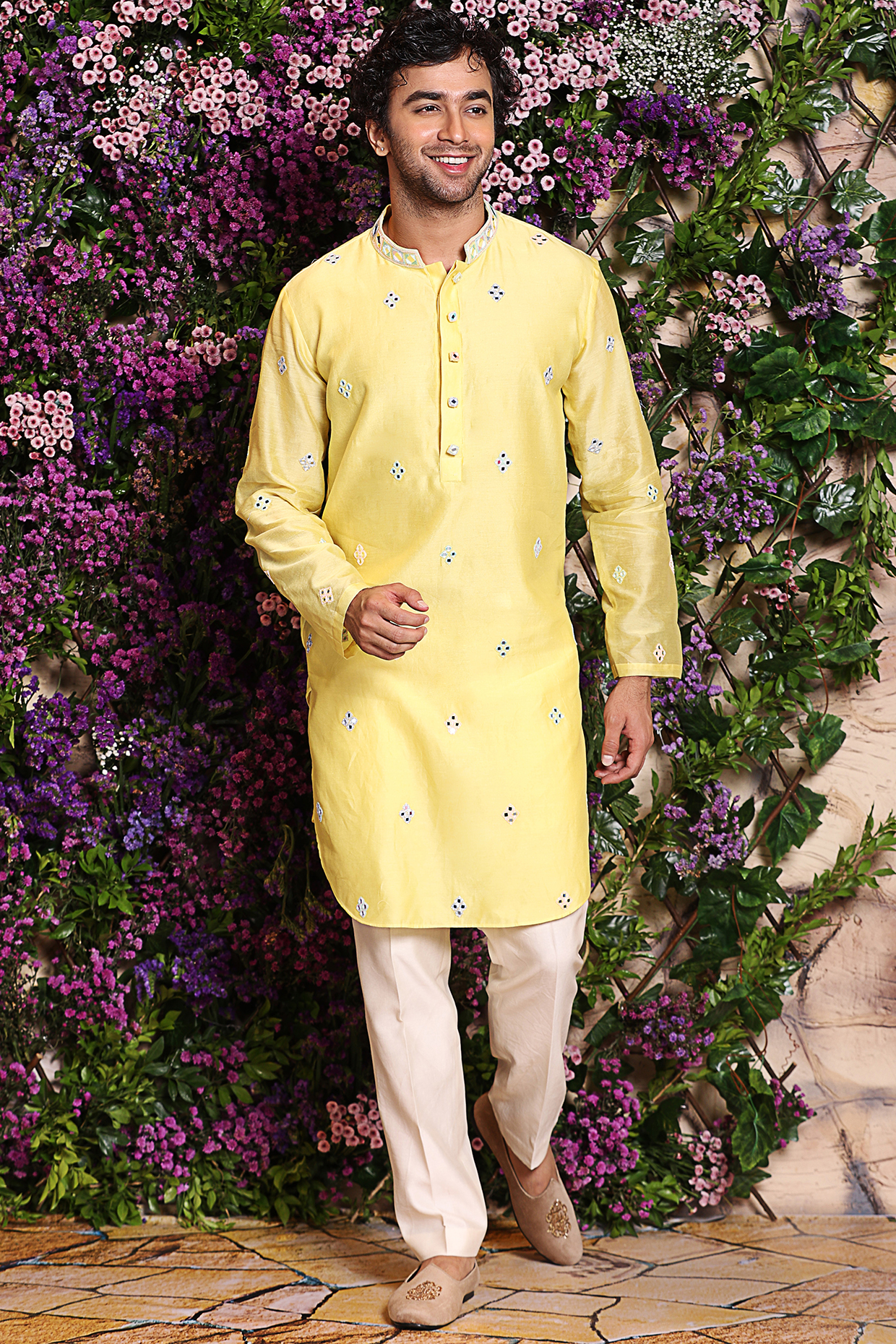 Light Yellow Embroidered Short Kurta Set by Julie by Julie Shah Men