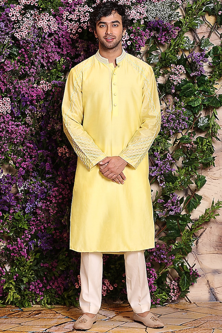 Light Yellow Embroidered Kurta Set by Julie by Julie Shah Men