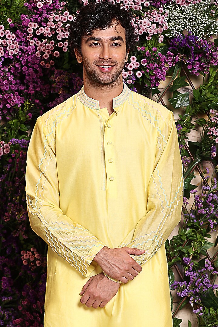 Light Yellow Embroidered Kurta Set by Julie by Julie Shah Men at Pernia's Pop Up Shop