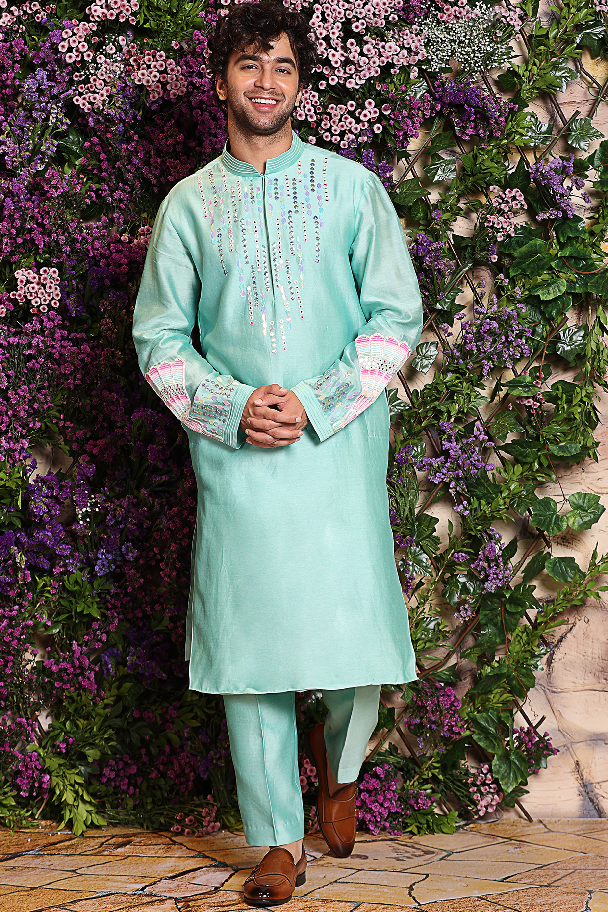 Beach Glass Motifs Embroidered Kurta Set by Julie by Julie Shah Men