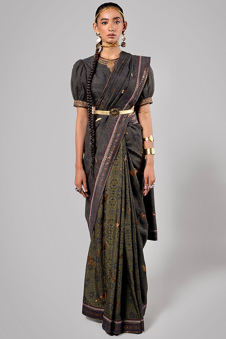 Green Ombre Tencel Luxe Foil Printed Wedding Saree Set by JJV.Kapurthala By JJ Valaya at Pernia's Pop Up Shop