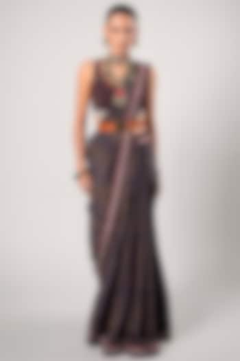 Dark Brown Tencel Luxe Printed Saree Set by JJV.Kapurthala By JJ Valaya