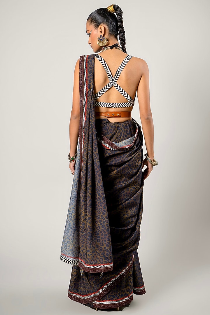 Dark Brown Tencel Luxe Printed Saree Set by JJV.Kapurthala By JJ Valaya at Pernia's Pop Up Shop