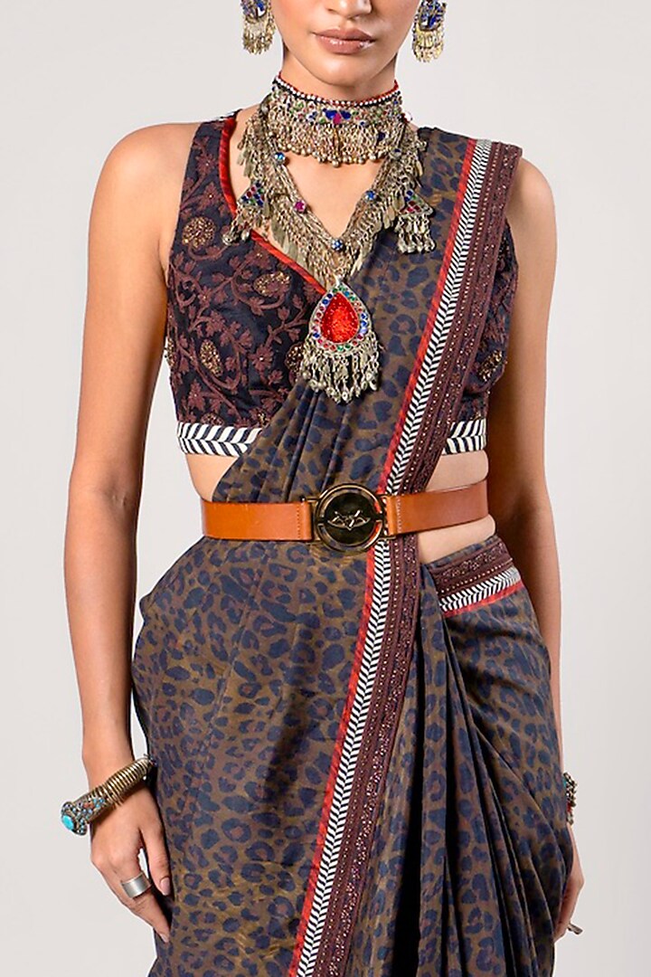 Dark Brown Tencel Luxe Printed Saree Set by JJV.Kapurthala By JJ Valaya at Pernia's Pop Up Shop