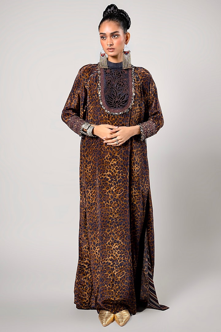 Dark Brown Tencel Luxe Printed Kaftan by JJV.Kapurthala By JJ Valaya