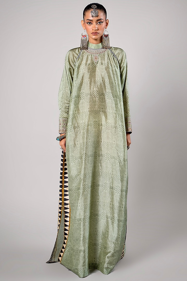 Medium Green Tencel Luxe Printed Kaftan by JJV.Kapurthala By JJ Valaya