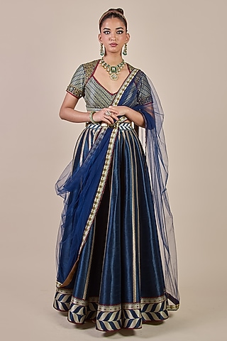 Midnight Blue Synthetic Silk Chevron Printed Flared Kalidar Skirt Set by JJV.Kapurthala By JJ Valaya Men