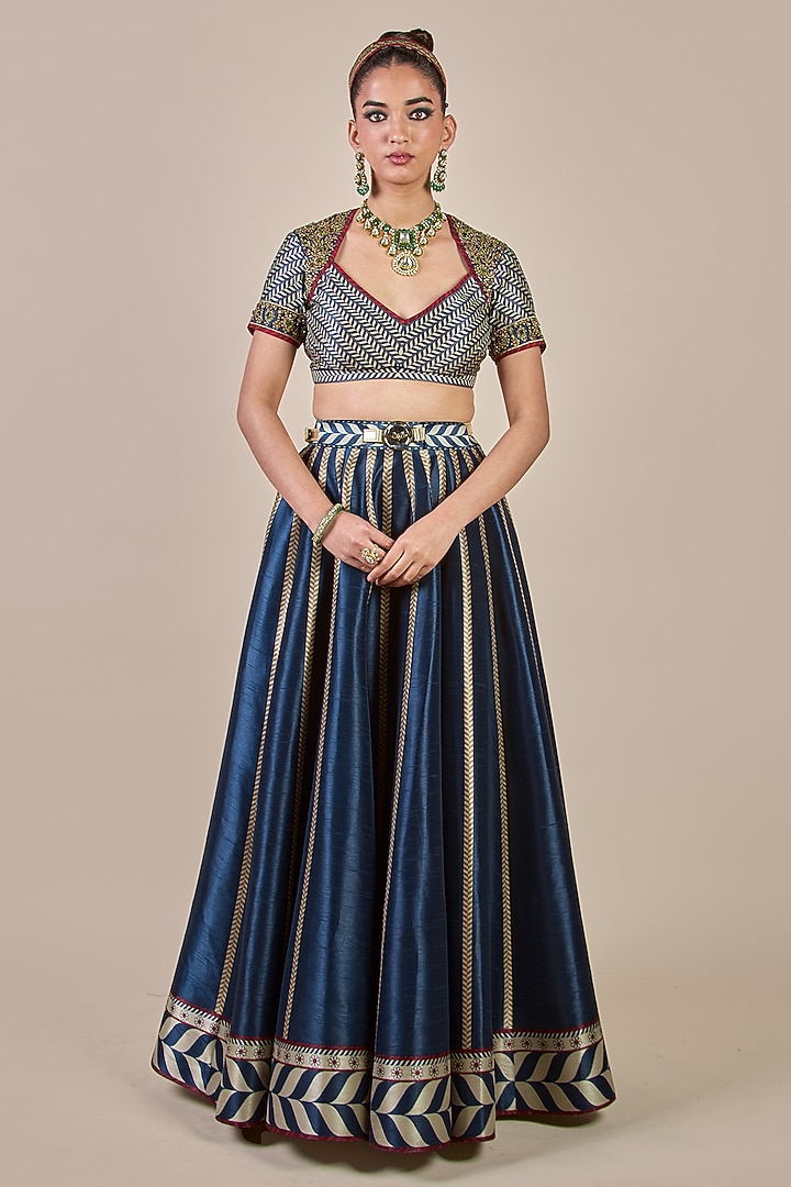 Midnight Blue Synthetic Silk Chevron Printed Flared Kalidar Skirt Set by JJV.Kapurthala By JJ Valaya Men at Pernia's Pop Up Shop