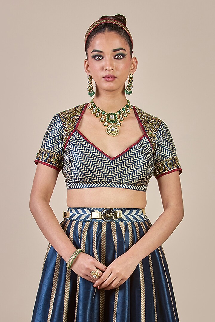 Midnight Blue Synthetic Silk Chevron Printed Flared Kalidar Skirt Set by JJV.Kapurthala By JJ Valaya Men at Pernia's Pop Up Shop