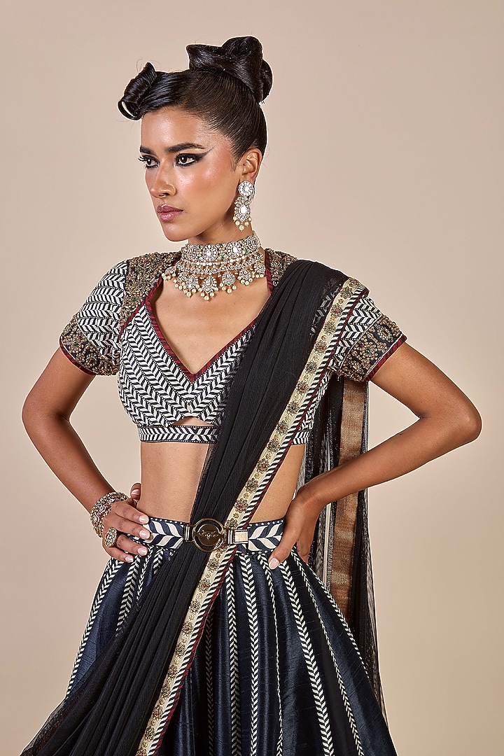 Cool Black Synthetic Silk Chevron Printed Flared Kalidar Skirt Set by JJV.Kapurthala By JJ Valaya Men at Pernia's Pop Up Shop
