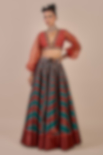 Rust & Emerald Synthetic Silk Chevron Printed Flared Skirt Set by JJV.Kapurthala By JJ Valaya at Pernia's Pop Up Shop
