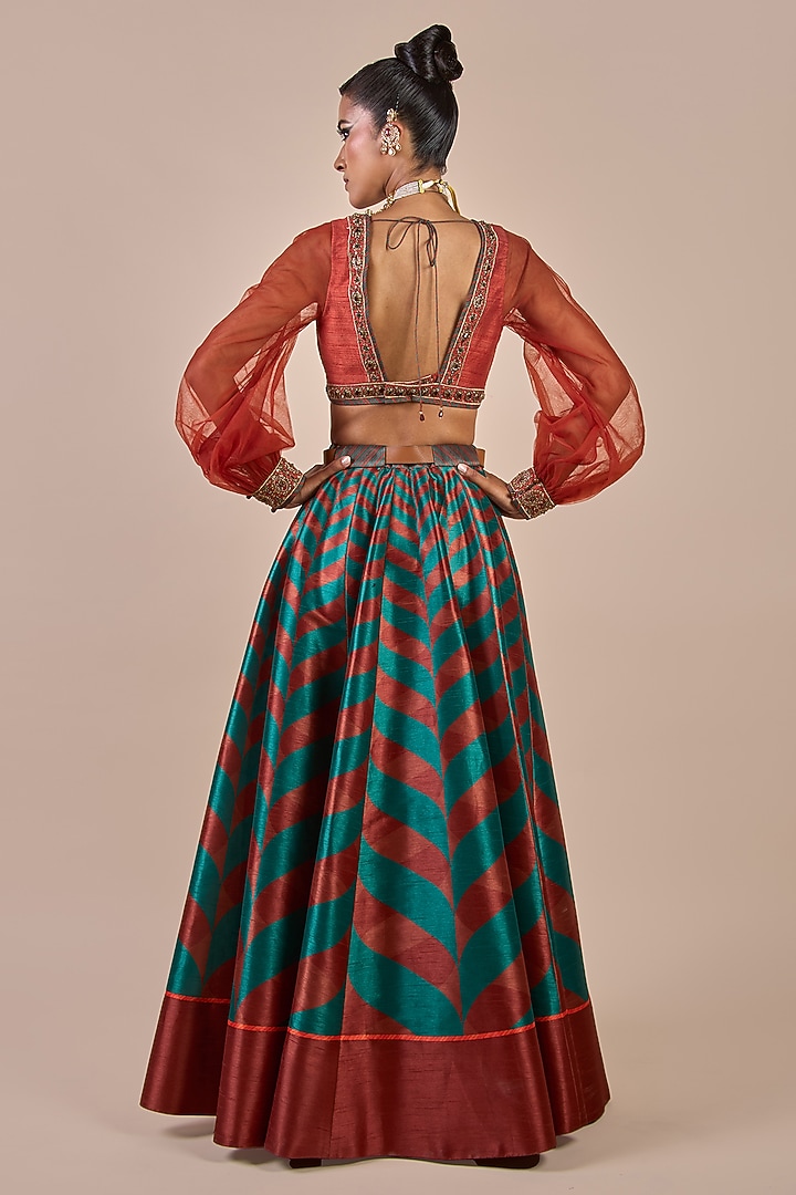 Rust & Emerald Synthetic Silk Chevron Printed Flared Skirt Set by JJV.Kapurthala By JJ Valaya at Pernia's Pop Up Shop