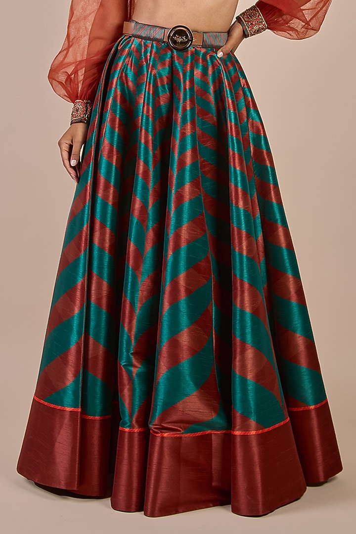 Rust & Emerald Synthetic Silk Chevron Printed Flared Skirt Set by JJV.Kapurthala By JJ Valaya at Pernia's Pop Up Shop