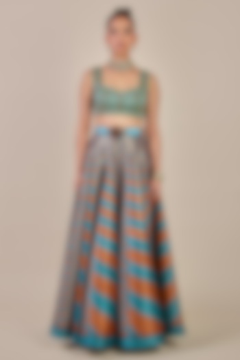 Turquoise & Rust Synthetic Silk Chevron Printed Kalidar Skirt Set by JJV.Kapurthala By JJ Valaya at Pernia's Pop Up Shop