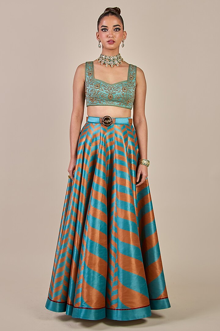 Turquoise & Rust Synthetic Silk Chevron Printed Kalidar Skirt Set by JJV.Kapurthala By JJ Valaya at Pernia's Pop Up Shop
