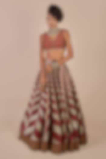 Ivory & Rust Synthetic Silk Chevron Printed Flared Skirt Set by JJV.Kapurthala By JJ Valaya at Pernia's Pop Up Shop