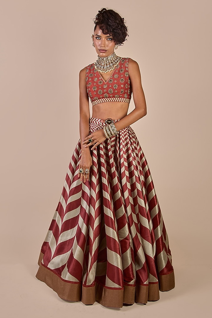 Ivory & Rust Synthetic Silk Chevron Printed Flared Skirt Set by JJV.Kapurthala By JJ Valaya at Pernia's Pop Up Shop