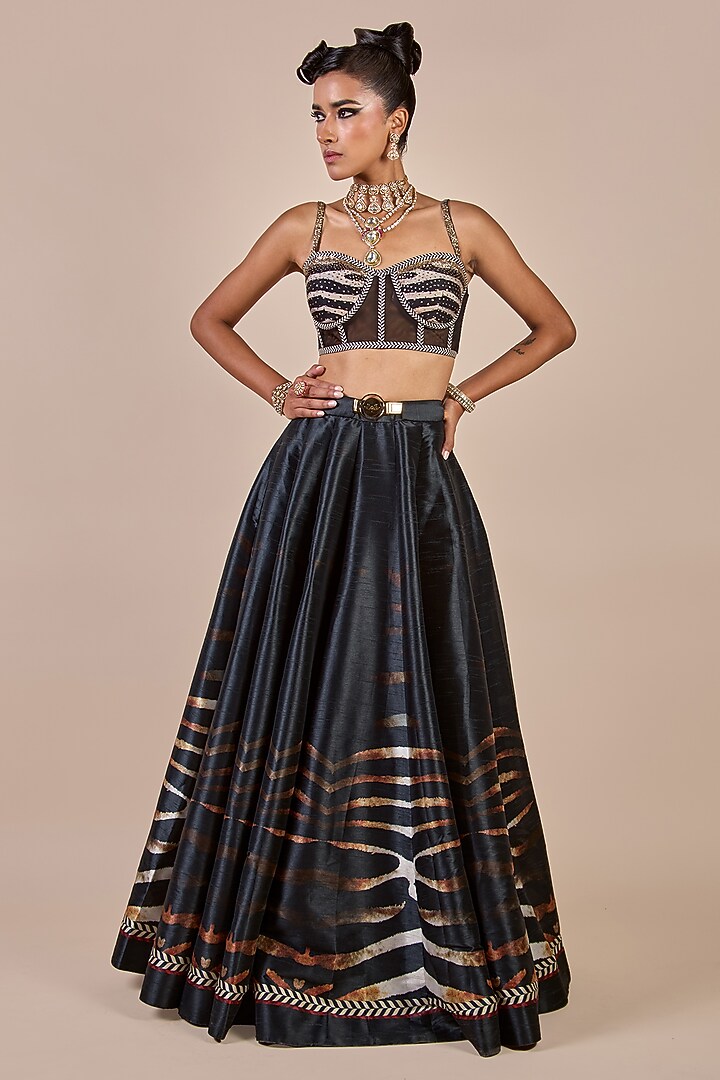 Black Synthetic Silk Zebra Printed Flared Skirt Set by JJV.Kapurthala By JJ Valaya at Pernia's Pop Up Shop