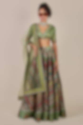 Sap Green Synthetic Silk Printed Kalidar Flared Skirt Set by JJV.Kapurthala By JJ Valaya Men at Pernia's Pop Up Shop