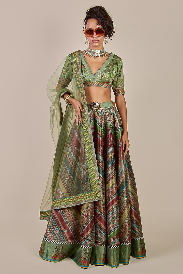 Sap Green Synthetic Silk Printed Kalidar Flared Skirt Set by JJV.Kapurthala By JJ Valaya Men at Pernia's Pop Up Shop