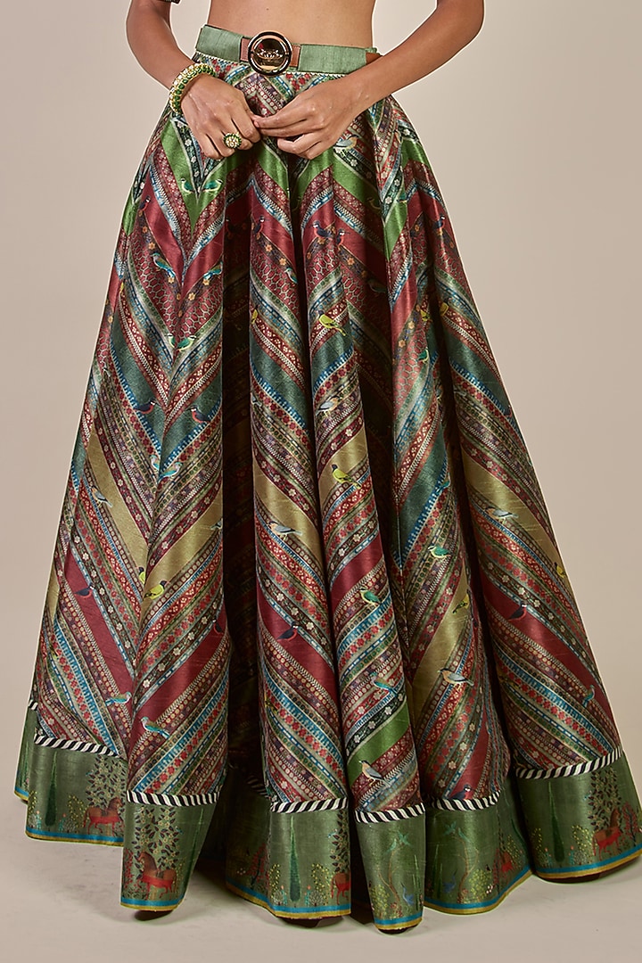 Sap Green Synthetic Silk Printed Kalidar Flared Skirt Set by JJV.Kapurthala By JJ Valaya Men at Pernia's Pop Up Shop