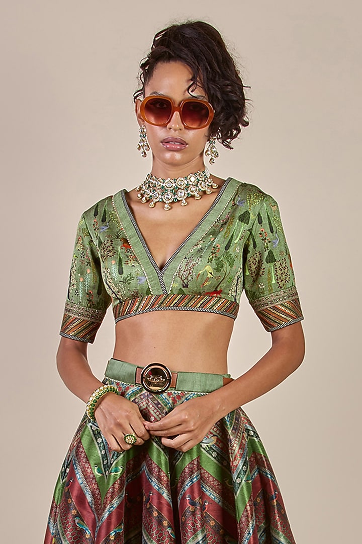 Sap Green Synthetic Silk Printed Kalidar Flared Skirt Set by JJV.Kapurthala By JJ Valaya Men at Pernia's Pop Up Shop