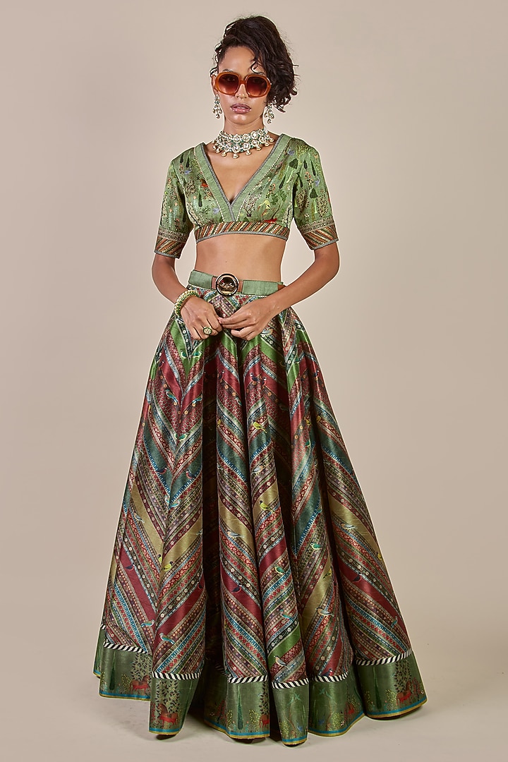 Sap Green Synthetic Silk Printed Kalidar Flared Skirt Set by JJV.Kapurthala By JJ Valaya Men at Pernia's Pop Up Shop
