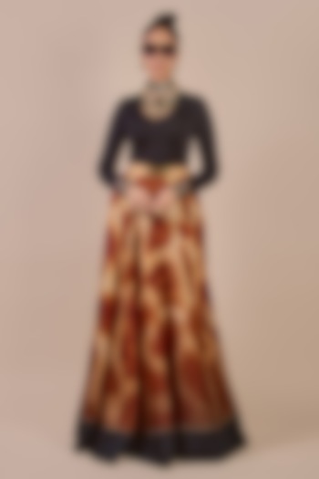 Brown Viscose Satin Giraffe Printed Flared Skirt Set by JJV.Kapurthala By JJ Valaya at Pernia's Pop Up Shop
