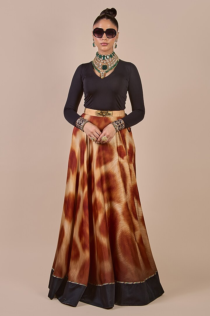 Brown Viscose Satin Giraffe Printed Flared Skirt Set by JJV.Kapurthala By JJ Valaya at Pernia's Pop Up Shop