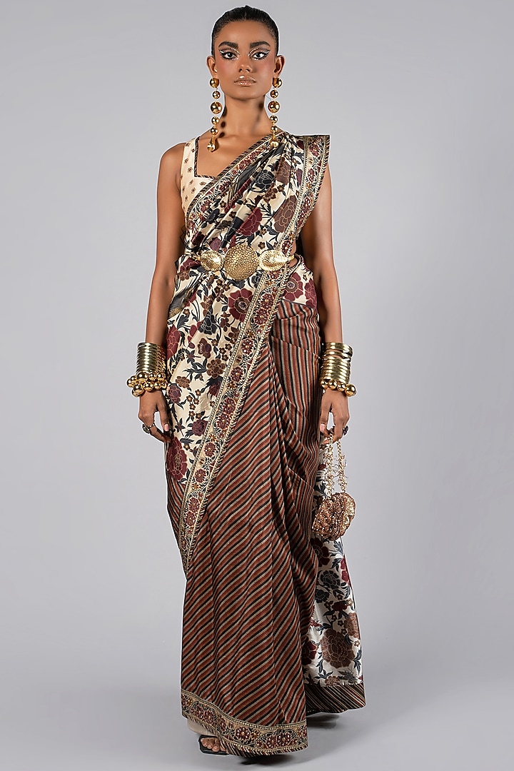 Multi-Colored Tencel Luxe Printed & Embroidered Wedding Saree Set by JJV.Kapurthala By JJ Valaya at Pernia's Pop Up Shop