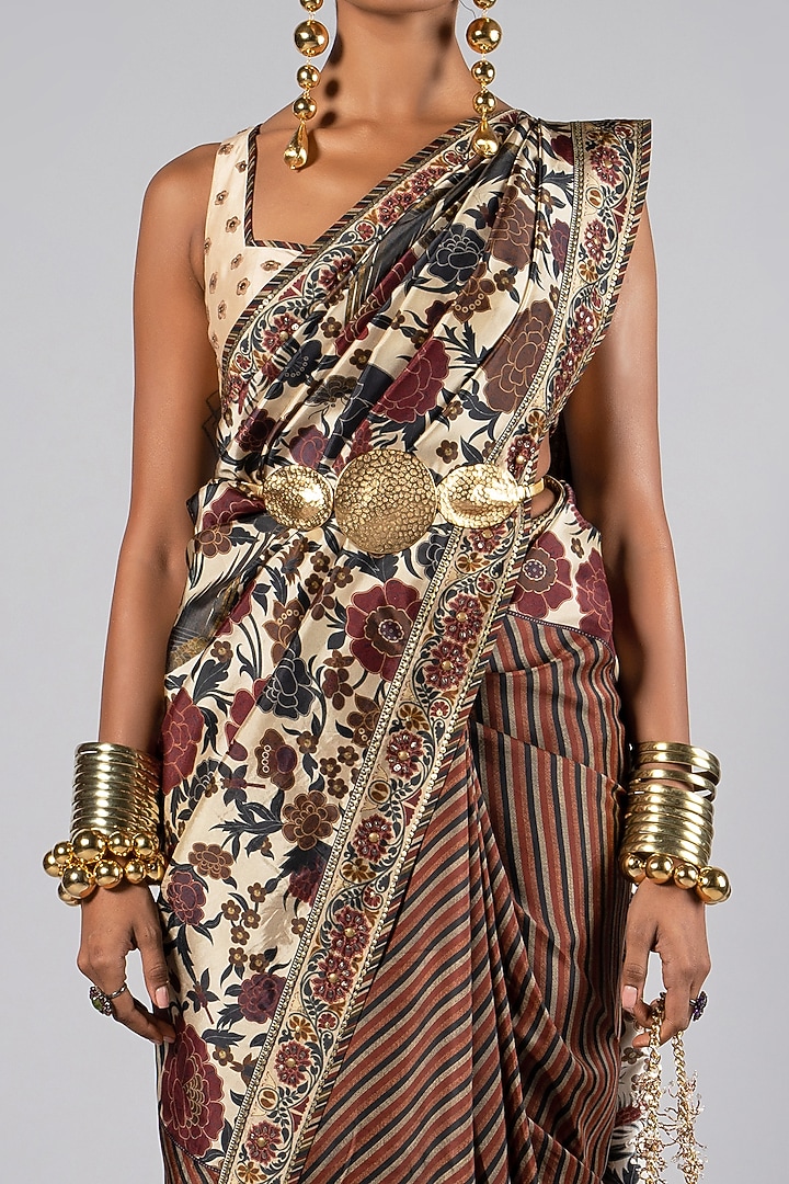 Multi-Colored Tencel Luxe Printed & Embroidered Wedding Saree Set by JJV.Kapurthala By JJ Valaya at Pernia's Pop Up Shop