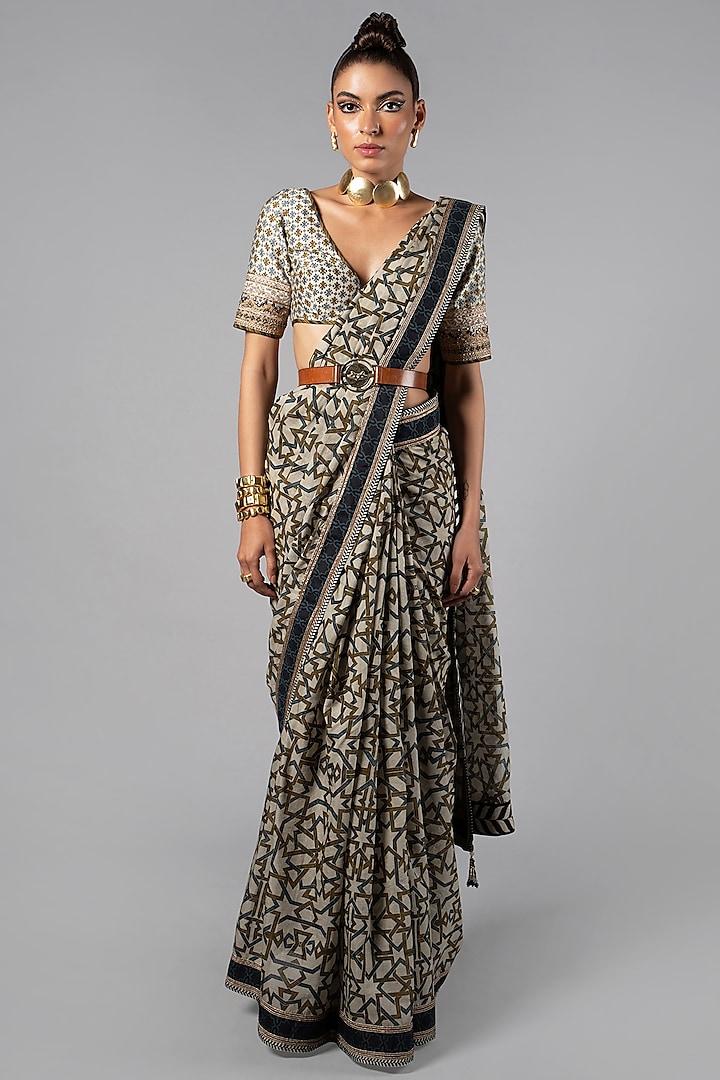 Multi-Colored Tencel Luxe Printed Wedding Saree Set by JJV.Kapurthala By JJ Valaya at Pernia's Pop Up Shop