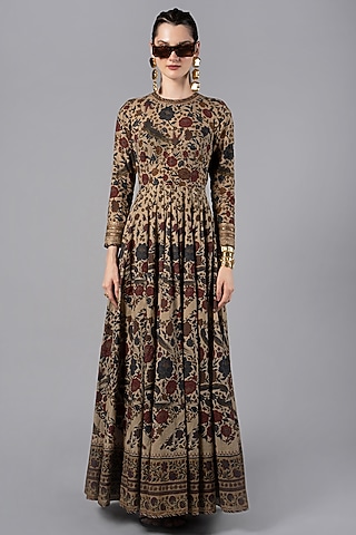 Beige Tencel Luxe Printed & Embroidered Anarkali by JJV.Kapurthala By JJ Valaya