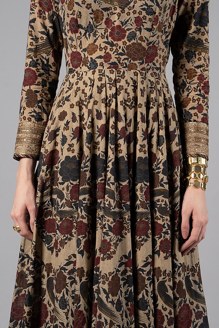 Beige Tencel Luxe Printed & Embroidered Wedding Anarkali by JJV.Kapurthala By JJ Valaya at Pernia's Pop Up Shop