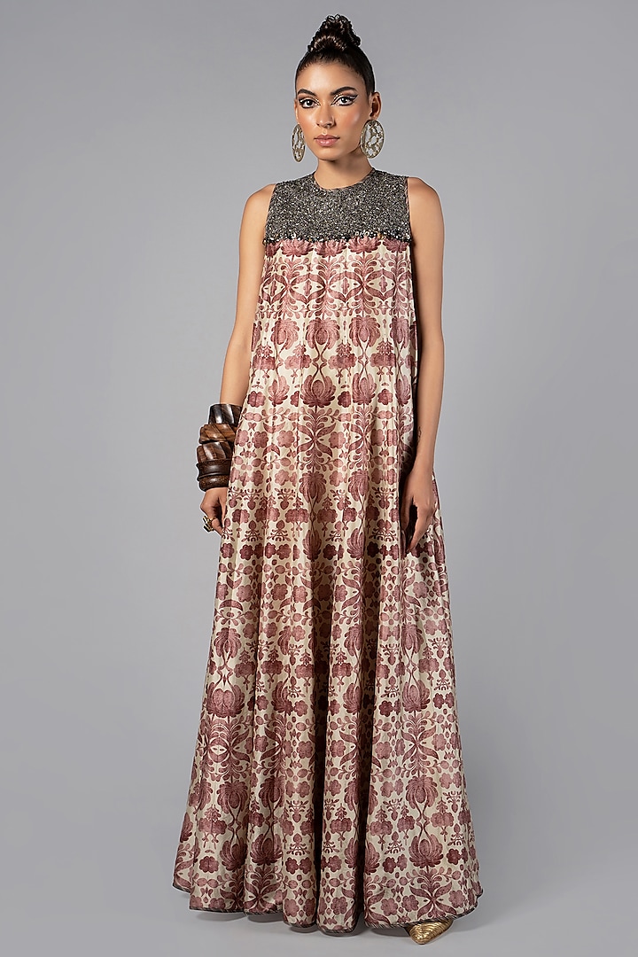 Beige Tencel Luxe Printed & Embroidered Maxi Dress by JJV.Kapurthala By JJ Valaya