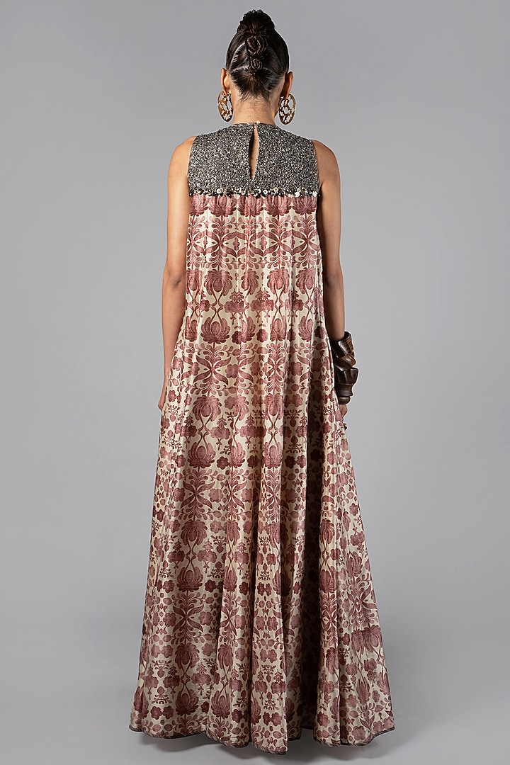 Beige Tencel Luxe Printed & Embroidered Maxi Cocktail Dress by JJV.Kapurthala By JJ Valaya at Pernia's Pop Up Shop