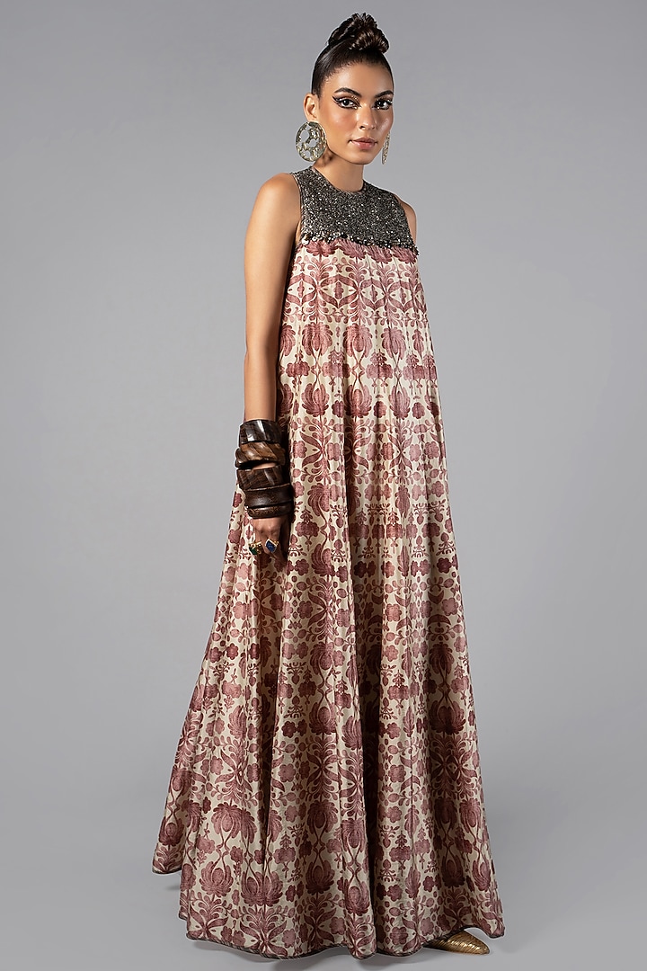 Beige Tencel Luxe Printed & Embroidered Maxi Cocktail Dress by JJV.Kapurthala By JJ Valaya at Pernia's Pop Up Shop