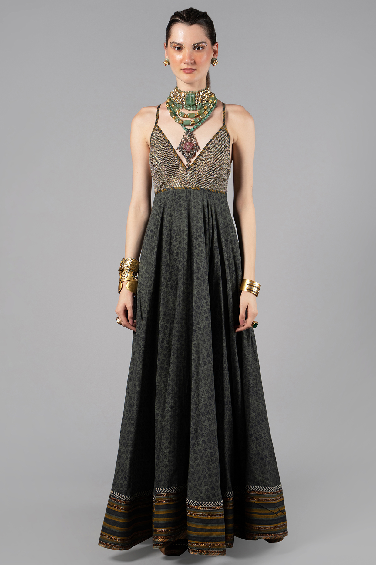 Dark Green Tencel Luxe Printed & Embroidered Party Wear Anarkali by JJV.Kapurthala By JJ Valaya at Pernia's Pop Up Shop