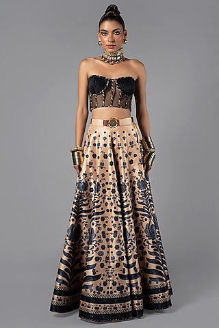 Beige & Dark Blue Dupion Blend Printed Skirt Set by JJV.Kapurthala By JJ Valaya