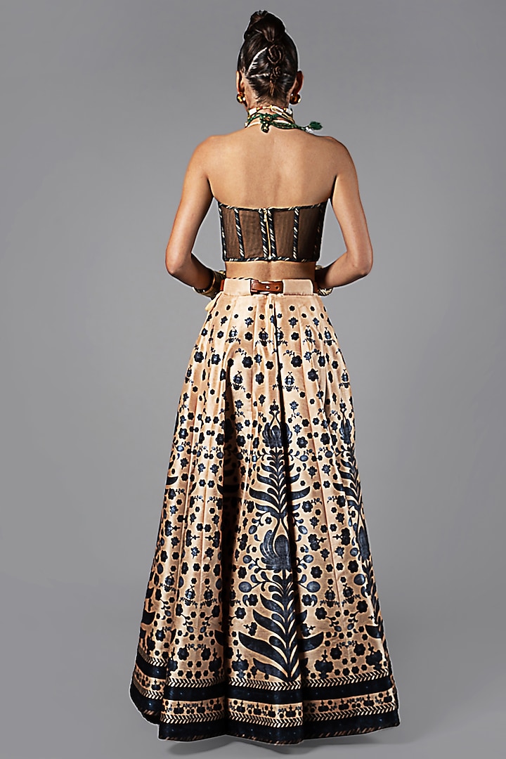 Beige & Dark Blue Dupion Blend Printed Skirt Set by JJV.Kapurthala By JJ Valaya at Pernia's Pop Up Shop