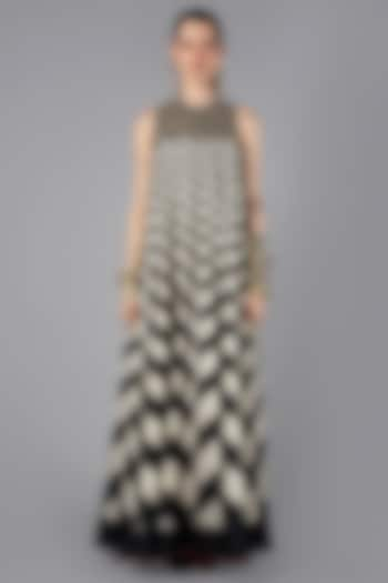 White & Black Dupion Chevron Printed Maxi Dress by JJV.Kapurthala By JJ Valaya