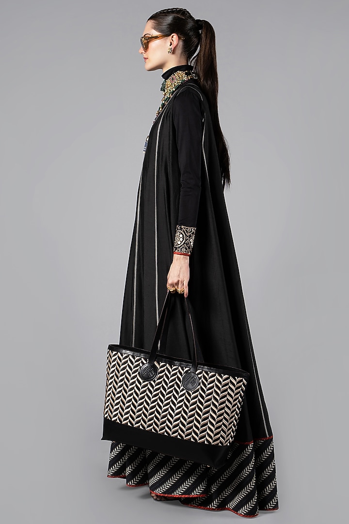 Black Tencel Luxe Chevron Printed Bridal Anarkali by JJV.Kapurthala By JJ Valaya at Pernia's Pop Up Shop