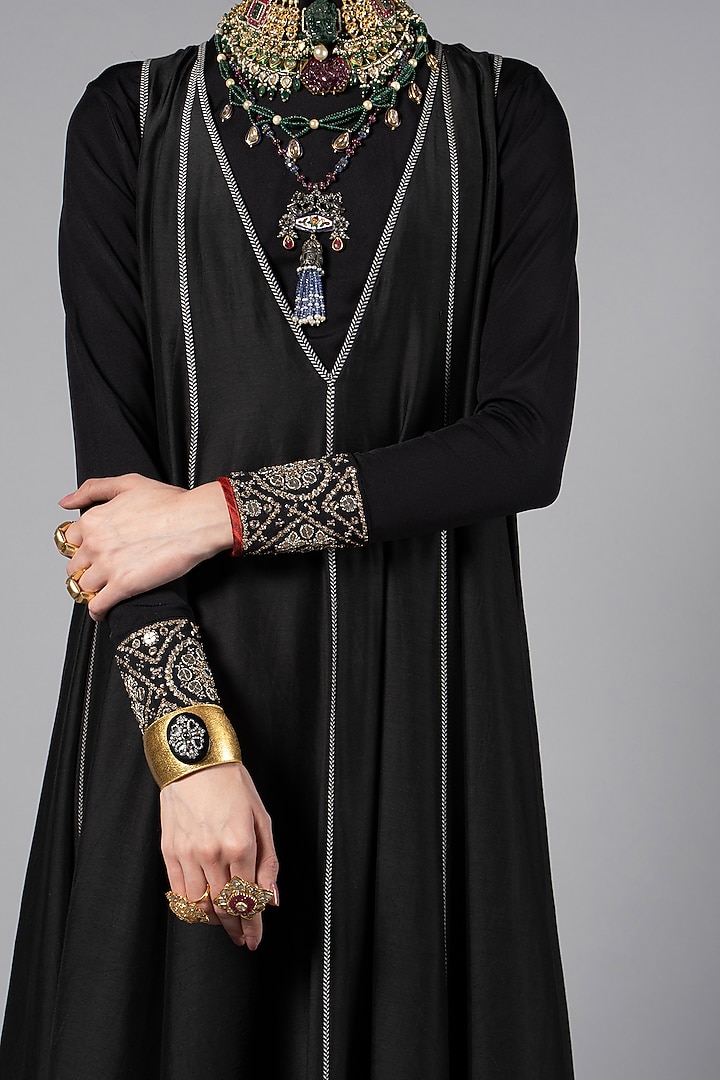 Black Tencel Luxe Chevron Printed Bridal Anarkali by JJV.Kapurthala By JJ Valaya at Pernia's Pop Up Shop