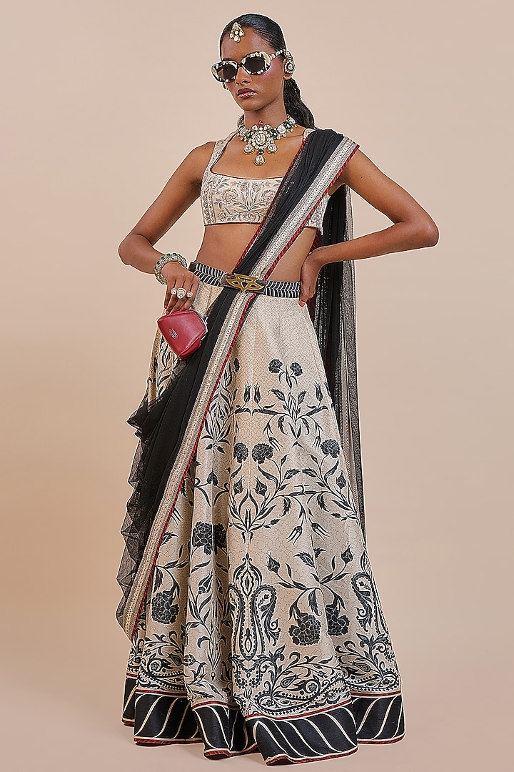 Cream-Ivory Cotton Satin Linen Printed & Embellished Skirt Set by JJV.Kapurthala By JJ Valaya at Pernia's Pop Up Shop