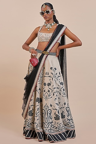 Cream-Ivory Cotton Satin Linen Printed & Embellished Skirt Set by JJV.Kapurthala By JJ Valaya